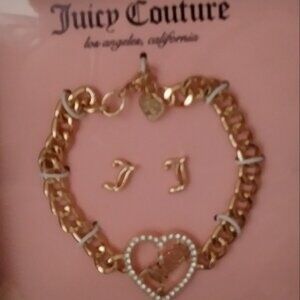 Juicy Couture Bracelet Earrings Set Gold tone Love Heart